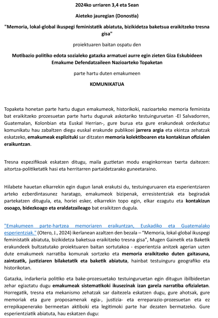 Euskal Administrazio Publikoei komunikatua: Emakumeak eta Memoria