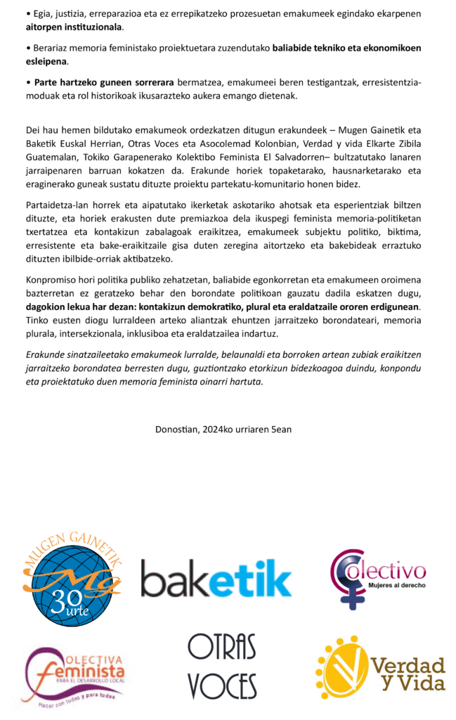 Euskal Administrazio Publikoei komunikatua: Emakumeak eta Memoria