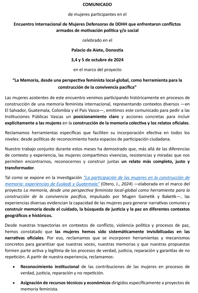 Comunicado a las Administraciones Públicas Vascas: Mujeres y Memoria