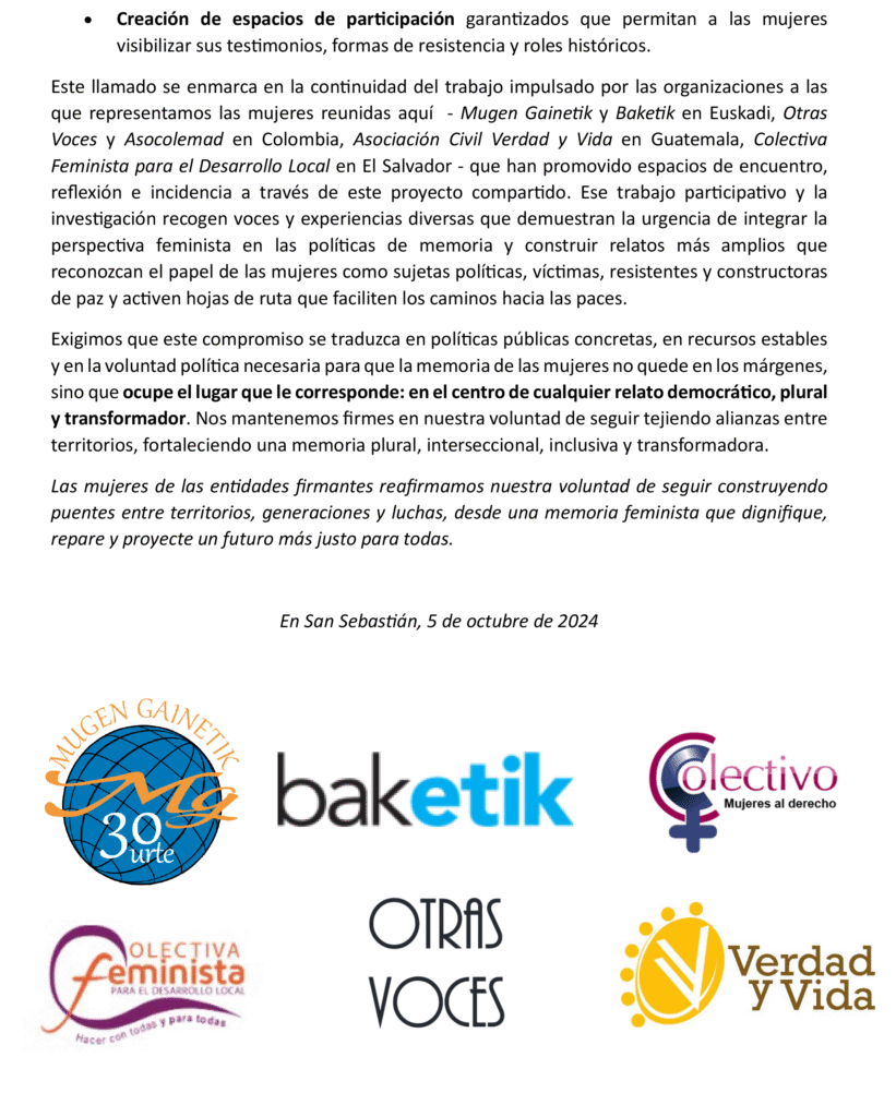 Comunicado a las Administraciones Públicas Vascas: Mujeres y Memoria